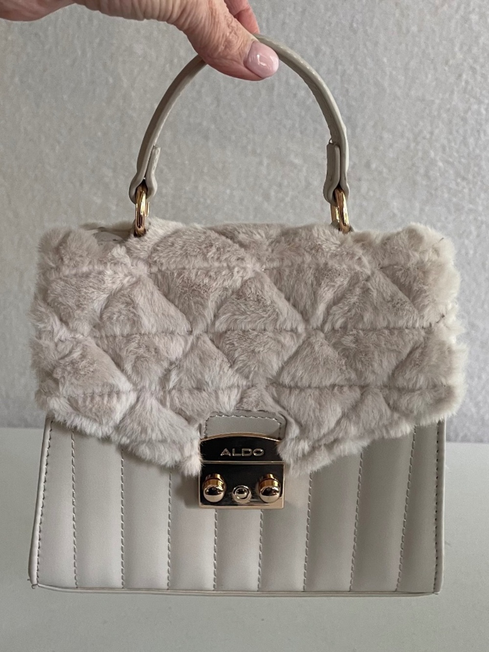 ALDO Cream Quilted Mini Top-Handle Bag with Faux Fur Flap Winter Neutral Luxury